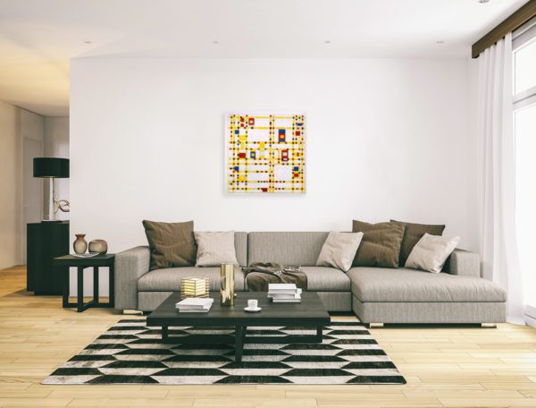 Photo of Boogie Woogie painting in Modern minimalistic living room.