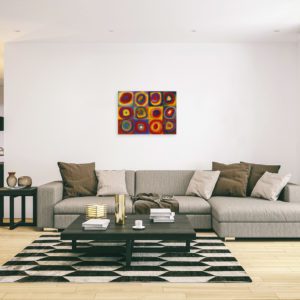 Photo of Color Study Squares with Concentric Circles Print in Modern Minimalistic Living Room