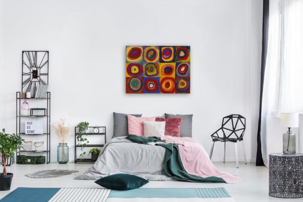 Photo of Color Study Squares with Concentric Circles Print in modern bedroom
