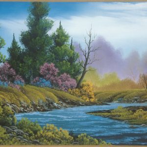 Photo of river near meadow fields painting