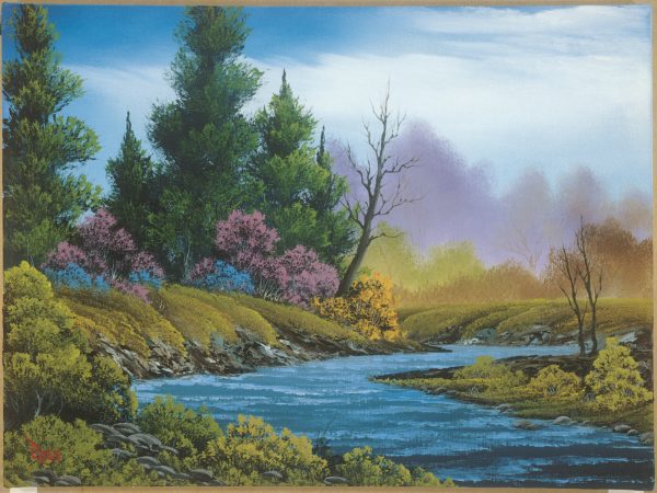 Photo of River Near Meadow Fields Painting