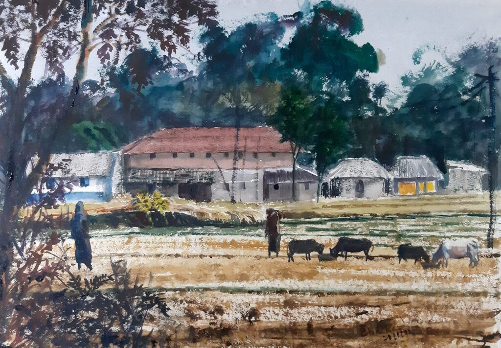 A field with a man and cows