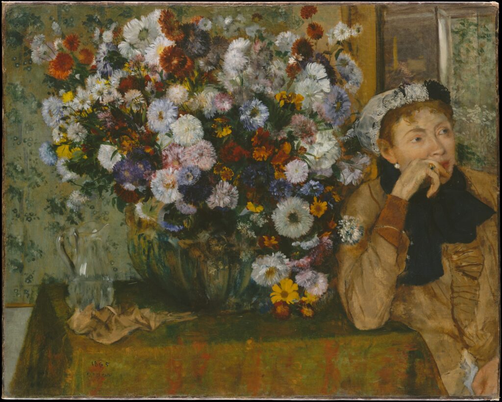 Woman Seated by a Vase of Flowers by Eduard Degas
