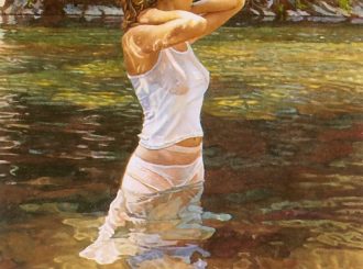 The gentle girl standing in the water